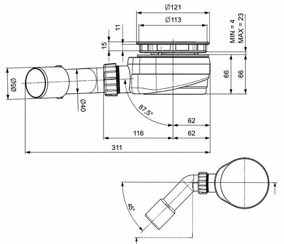 EASY nízký vaničkový sifon pr. 90 mm, chrom EAST007 Technický nákres