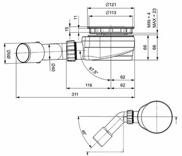 EASY nízký vaničkový sifon pr. 90 mm, chrom EAST007 Technický nákres