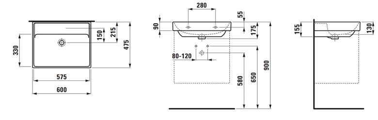LAUFEN FIORA umyvadlo 60 cm, s přepadem H810923000109L Technický nákres