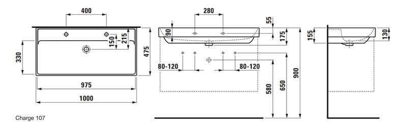 LAUFEN FIORA umyvadlo 100 cm, se 2 otvory pro baterie a přepadem H810929000107L Technický nákres