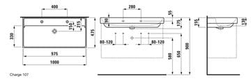 LAUFEN FIORA umyvadlo 100 cm, se 2 otvory pro baterie a přepadem H810929000107L Technický nákres