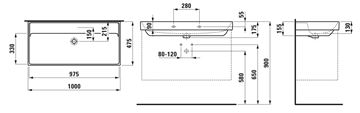 LAUFEN FIORA umyvadlo 100 cm, s přepadem H810929000109L Technický nákres