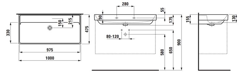 LAUFEN FIORA umyvadlo 100 cm, s přepadem H810929000109L Technický nákres