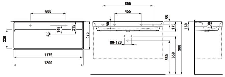 LAUFEN FIORA umyvadlo 120 cm, s přepadem H814921000109L Technický nákres
