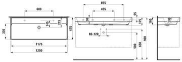 LAUFEN FIORA umyvadlo 120 cm, s přepadem H814921000109L Technický nákres