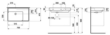 LAUFEN FIORA umyvadlo 75 cm, s přepadem H817923000109L Technický nákres