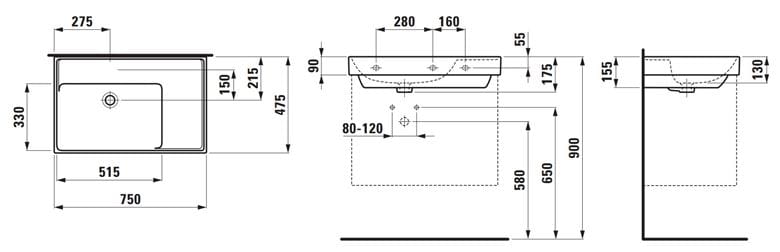 LAUFEN FIORA umyvadlo 75 cm, s přepadem H817923000109L Technický nákres