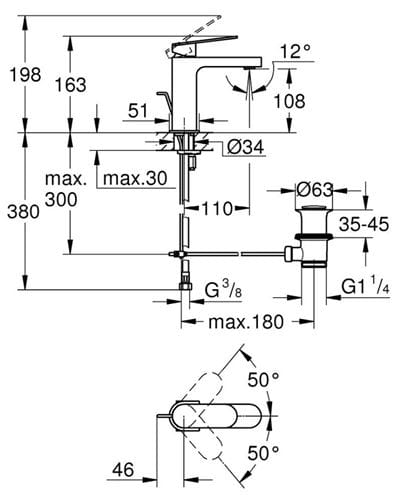 GROHE PLUS umyvadlová stojánková baterie, s odtokovou soupravou, kartáčovaný hard graphite 32612AL4 Technický nákres