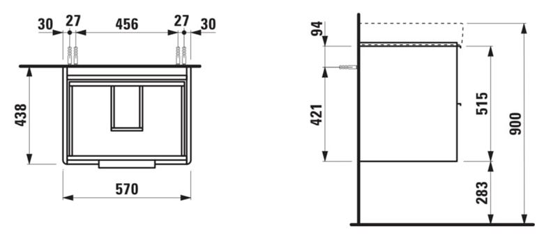 LAUFEN BASE skříňka pod umyvadlo 57x43,8x51,5 cm, 2 zásuvky, matná bílá H4022321102601 Technický nákres