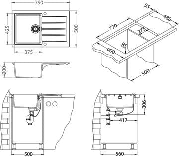 ALVEUS CADIT 20 QC CLAY A50 granitový dřez 790x500 mm, otočný, odkapávač, béžová 1148855 Technický nákres