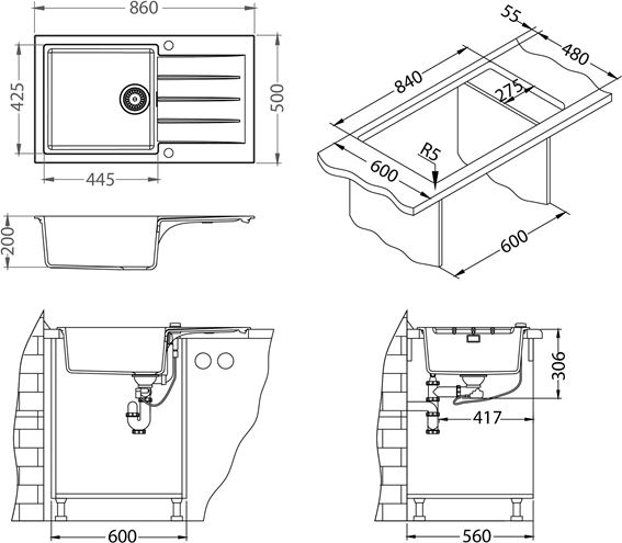 ALVEUS CADIT 40 QC granitový dřez 860x500 mm, otočný, odkapávač, béžová 1149155 Technický nákres