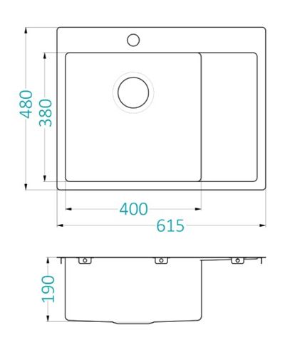 ALVEUS QUARTO 20 nerezový dřez 550x480 mm, otvor pro baterii, odkapávač vpravo 1124383 Technický nákres
