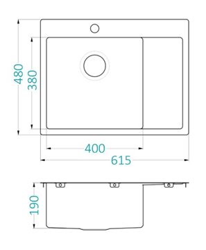 ALVEUS QUARTO 20 nerezový dřez 550x480 mm, otvor pro baterii, odkapávač vpravo 1124383 Technický nákres