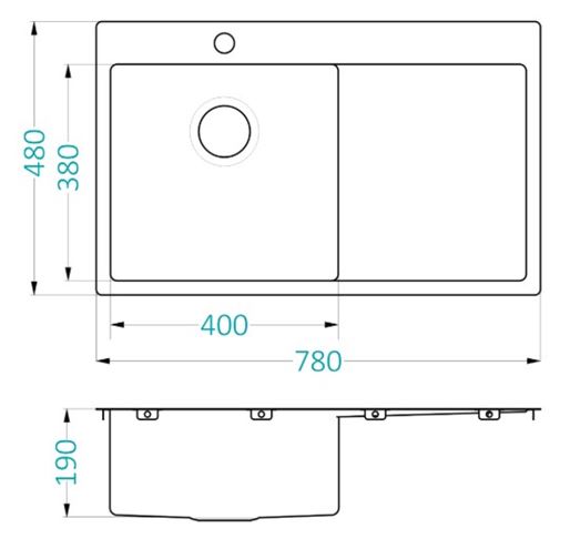 ALVEUS QUARTO 30 nerezový dřez 780x480 mm, otvor pro baterii, odkapávač vpravo 1124384 Technický nákres