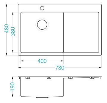 ALVEUS QUARTO 30 nerezový dřez 780x480 mm, otvor pro baterii, odkapávač vpravo 1124384 Technický nákres