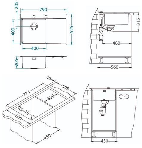 ALVEUS PURE 40 QC L nerezový dřez 790x525 mm, otvor pro baterii, odkapávač vpravo 1149514 Technický nákres