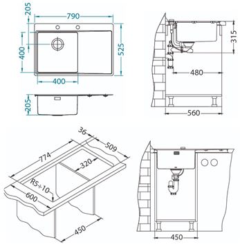 ALVEUS PURE 40 QC L nerezový dřez 790x525 mm, otvor pro baterii, odkapávač vpravo 1149514 Technický nákres