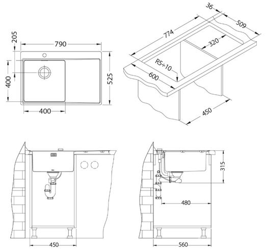 ALVEUS PURE 40 QC P nerezový dřez 790x525 mm, otvor pro baterii, odkapávač vlevo 1149516 Technický nákres