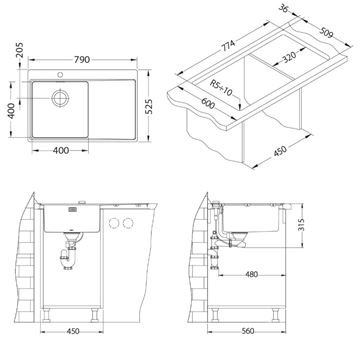ALVEUS PURE 40 QC P nerezový dřez 790x525 mm, otvor pro baterii, odkapávač vlevo 1149516 Technický nákres