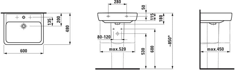 LAUFEN PRO A umyvadlo 60 cm, s otvorem pro baterii a přepadem H8189520001041 Technický nákres
