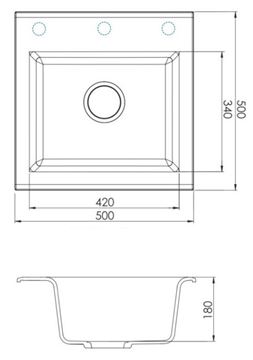 ALVEUS GEM 10 granitový dřez 500x500 mm, bez otvoru pro baterii, černá 1149113 Technický nákres