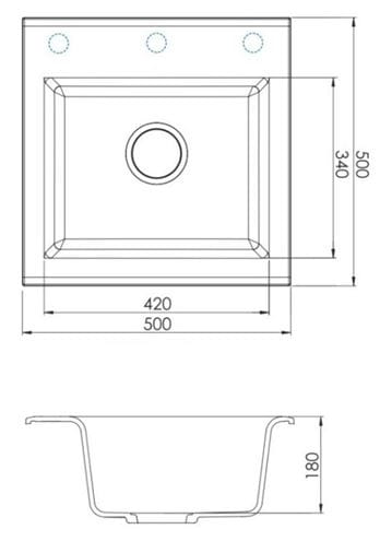ALVEUS GEM 10 granitový dřez 500x500 mm, bez otvoru pro baterii, černá 1149113 Technický nákres