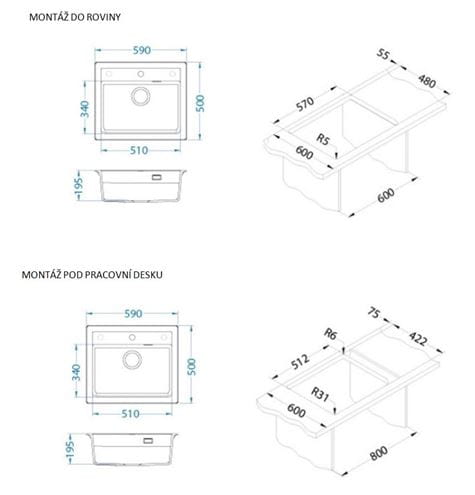 ALVEUS ATROX 30 QC granitový dřez 590x500 mm, otvor pro baterii, černá 1149206 Technický nákres