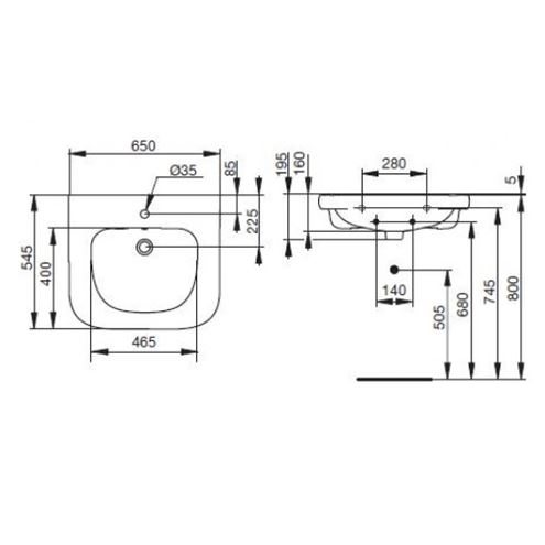 IDEAL STANDARD CONTOUR 21 bezbariérové umyvadlo 65 cm, s otvorem pro baterii a přepadem V216801 Technický nákres