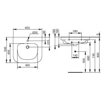 IDEAL STANDARD CONTOUR 21 bezbariérové umyvadlo 65 cm, s otvorem pro baterii a přepadem V216801 Technický nákres