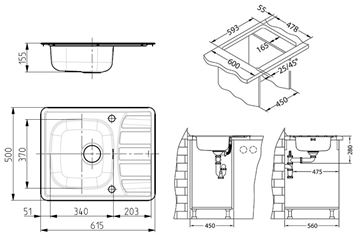 ALVEUS ZOOM 10 nerezový dřez 615x500 mm, otočný, odkapávač 1098940 Technický nákres