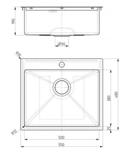 ALVEUS QUARTO 10 nerezový dřez 550x480 mm, otvor pro baterii 1124382 Technický nákres