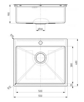 ALVEUS QUARTO 10 nerezový dřez 550x480 mm, otvor pro baterii 1124382 Technický nákres
