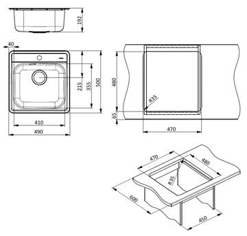ALVEUS MORE 20 nerezový dřez 490x500 mm, otvor pro baterii 1151258 Technický nákres