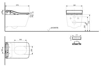 CONCEPT 300 WASHLET závěsné WC s bidetovým sedátkem, Rimless, hranaté 522ERY-CON-WCS+803EG Technický nákres