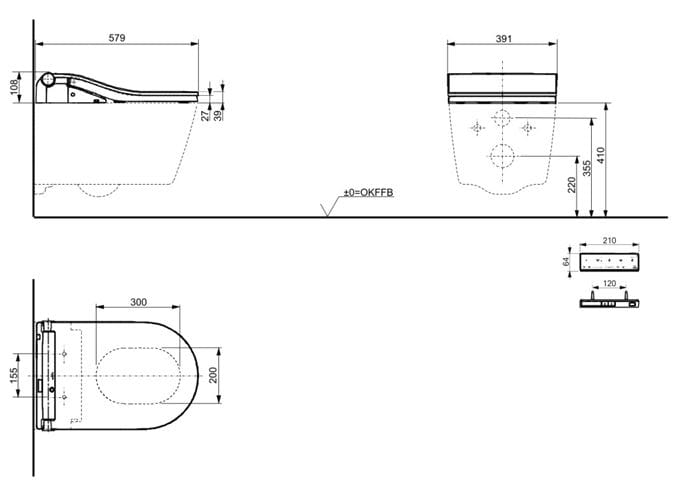 CONCEPT 300 WASHLET závěsné WC s bidetovým sedátkem, Rimless, kulaté, matná bílá 542ERY-OPTMWR+801ECG Technický nákres