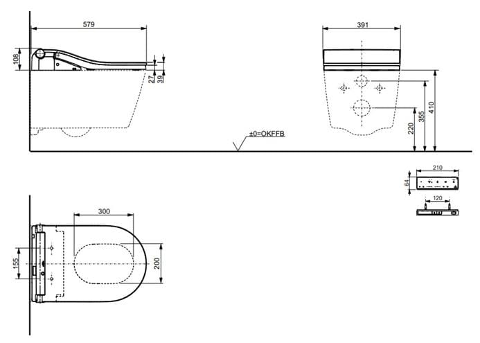 CONCEPT 300 WASHLET závěsné WC s bidetovým sedátkem, Rimless, kulaté, matná černá CW542ERY#MBL+TCF80 Technický nákres