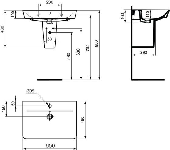 CONCEPT CUBE 2.0 umyvadlo 65 cm, s otvorem pro baterii a přepadem E074101 Technický nákres