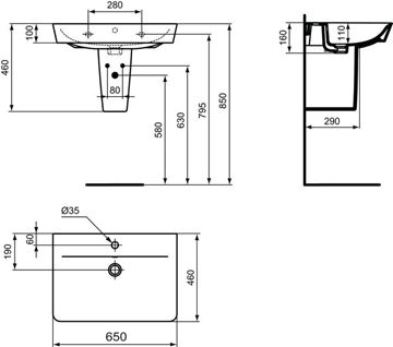 CONCEPT CUBE 2.0 umyvadlo 65 cm, s otvorem pro baterii a přepadem E074101 Technický nákres