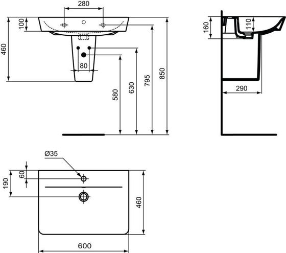 CONCEPT CUBE 2.0 umyvadlo 60 cm, s otvorem pro baterii a přepadem E076601 Technický nákres