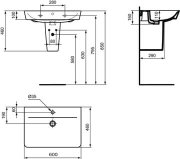 CONCEPT CUBE 2.0 umyvadlo 60 cm, s otvorem pro baterii a přepadem E076601 Technický nákres