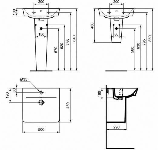 CONCEPT CUBE 2.0 umyvadlo 50 cm, s otvorem pro baterii a přepadem E076801 Technický nákres