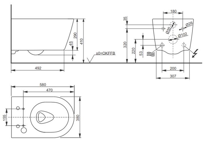 CONCEPT 300 závěsné WC pro bidetové sedátko TOTO WASHLET RW, Tornado Flush splachování, matná černá CW542ERY#MBL Technický nákres