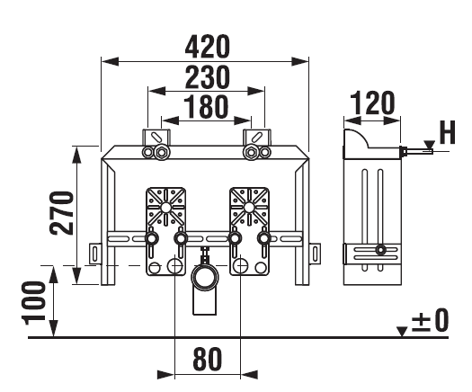 JIKA BASIC BIDET SYSTEM montážní rám pro bidet 27 cm H8936430000001 Technický nákres