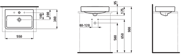 LAUFEN PRO S umyvadlo 55 cm, s otvorem pro baterii a přepadem H8129520001041 Technický nákres