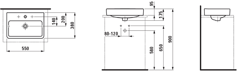 LAUFEN PRO S umyvadlo 55 cm, s otvorem pro baterii a přepadem H8129520001041 Technický nákres