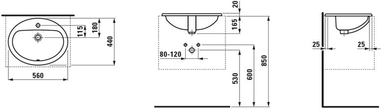 LAUFEN PRO umyvadlo 56 cm, s otvorem pro baterii a přepadem H8139510001041 Technický nákres