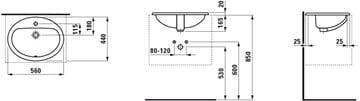 LAUFEN PRO umyvadlo 56 cm, s otvorem pro baterii a přepadem H8139510001041 Technický nákres