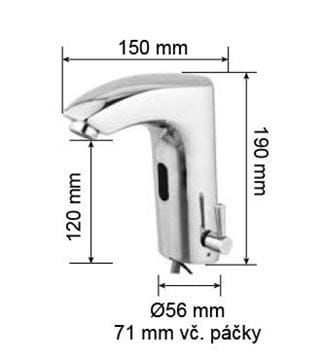 DONNER AUTOFLOW 02 umyvadlová senzorová baterie s regulací teploty, napájení z baterie, chrom 8596220009296 Technický nákres