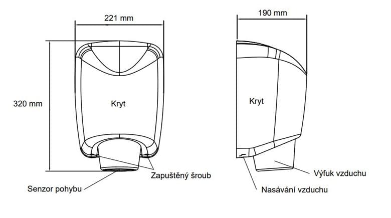 JET DRYER BOOSTER horkovzdušný osoušeč rukou, automatický, kartáčovaná nerez ocel 8596220009340 Technický nákres