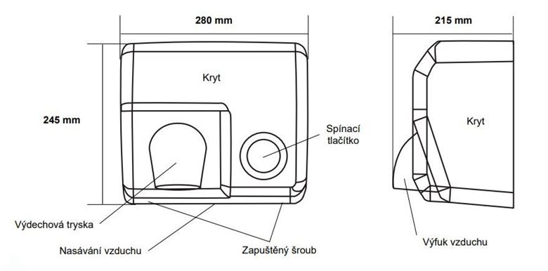 JET DRYER BUTTON horkovzdušný osoušeč rukou, manuální, kartáčovaná nerez ocel 8596220009272 Technický nákres